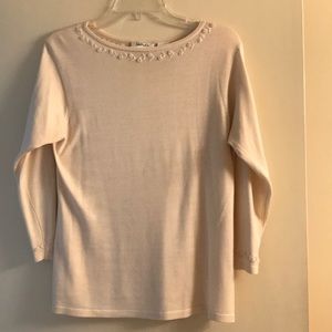 White silk sweater with floral trim